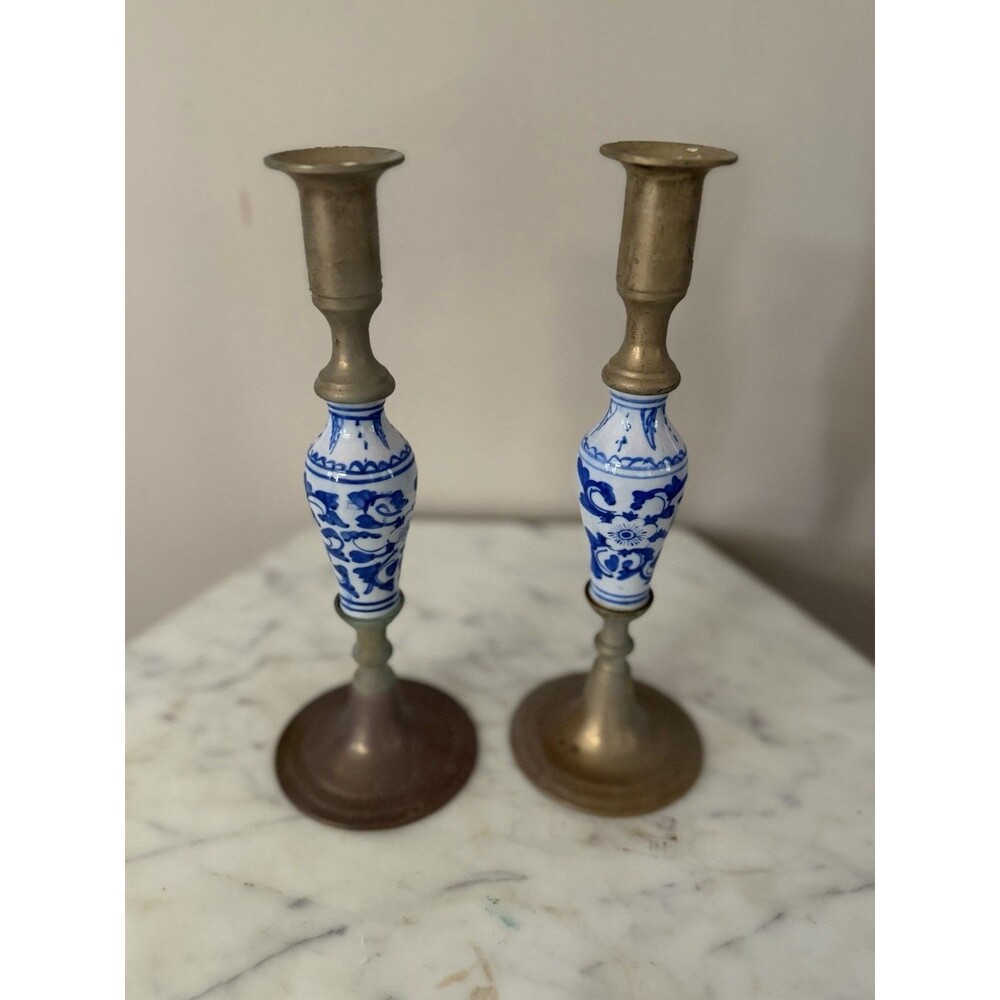 Vintage Delft Ceramic And Brass Candlestick Holder Set Of 2 Blue White Decor